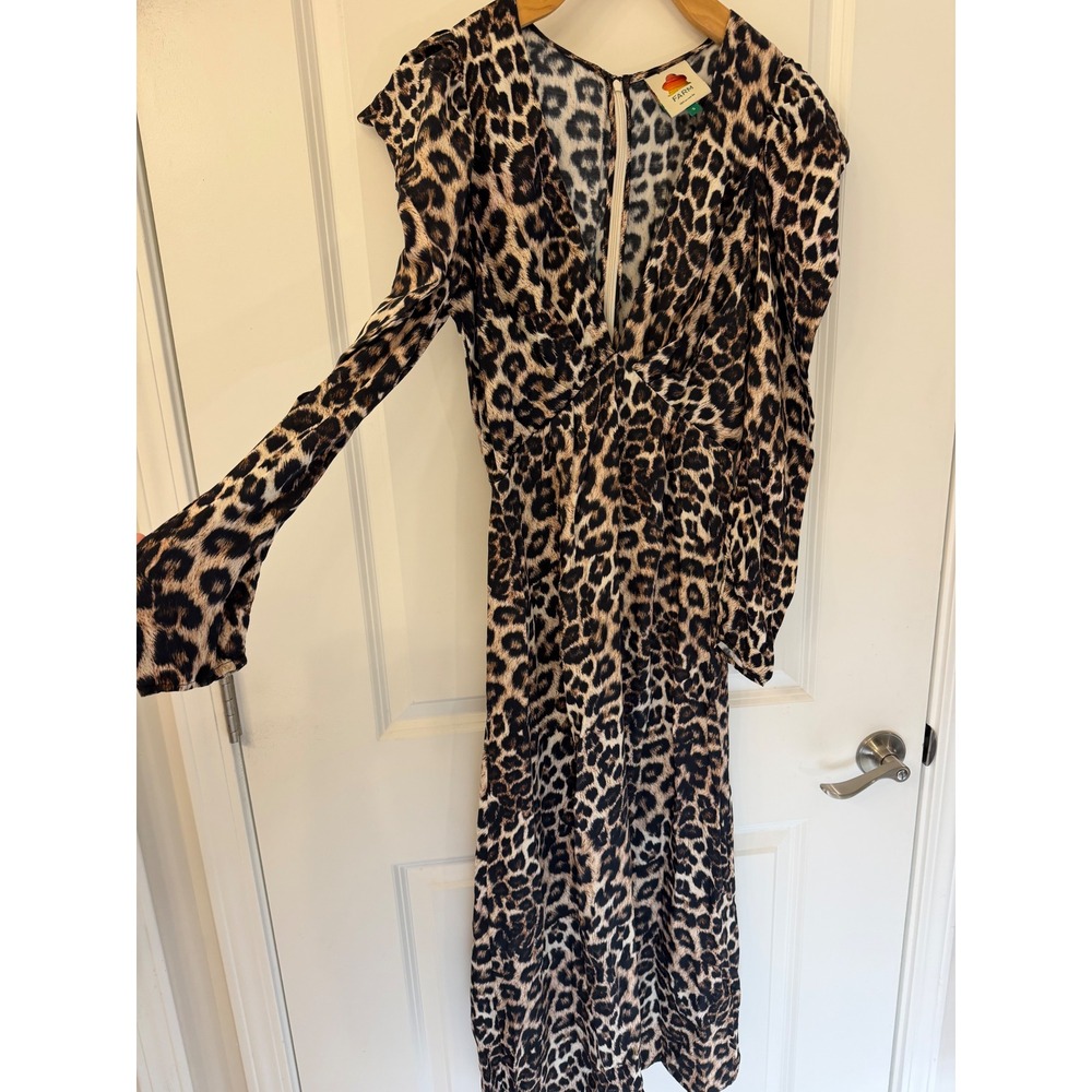 Farm Rio Leopard Print V-Neck Long Sleeve Midi Dress Brown Black Small‎